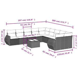 vidaXL 11-tlg. Garten-Sofagarnitur mit Kissen Hellgrau Poly Rattan