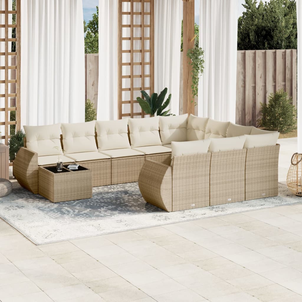 vidaXL 11-tlg. Garten-Sofagarnitur mit Kissen Beige Poly Rattan