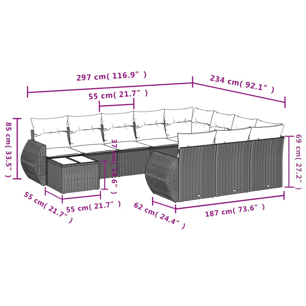 vidaXL 11-tlg. Garten-Sofagarnitur mit Kissen Hellgrau Poly Rattan