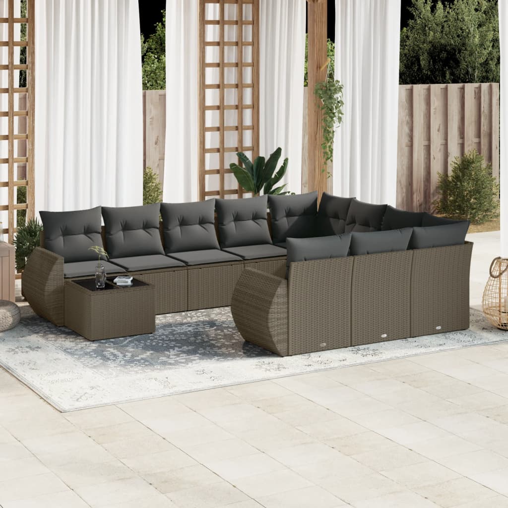 vidaXL 11-tlg. Garten-Sofagarnitur mit Kissen Hellgrau Poly Rattan