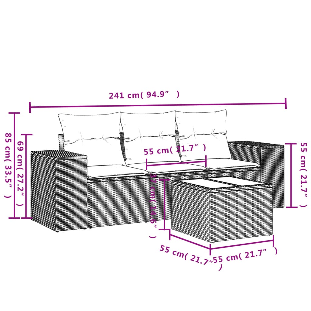 vidaXL 4-tlg. Garten-Sofagarnitur mit Kissen Schwarz Poly Rattan