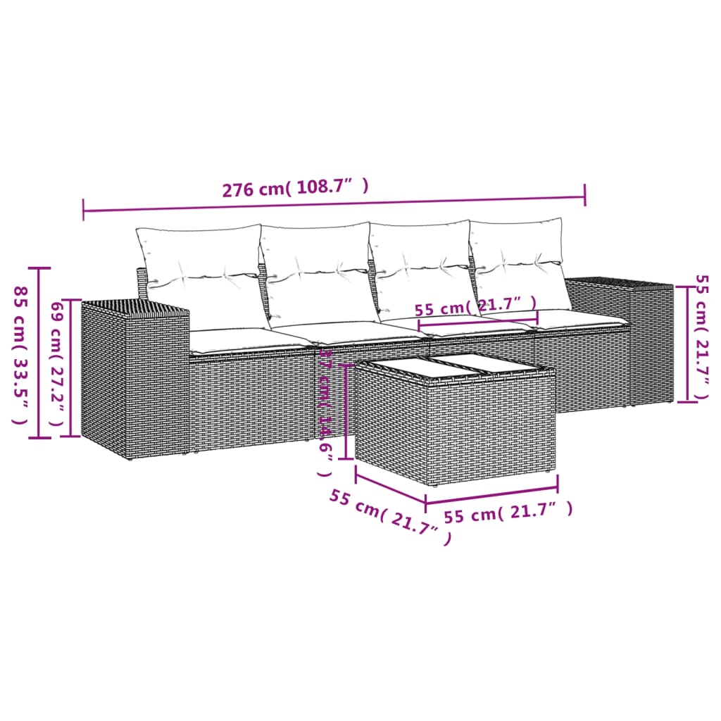 vidaXL 5-tlg. Garten-Sofagarnitur mit Kissen Hellgrau Poly Rattan