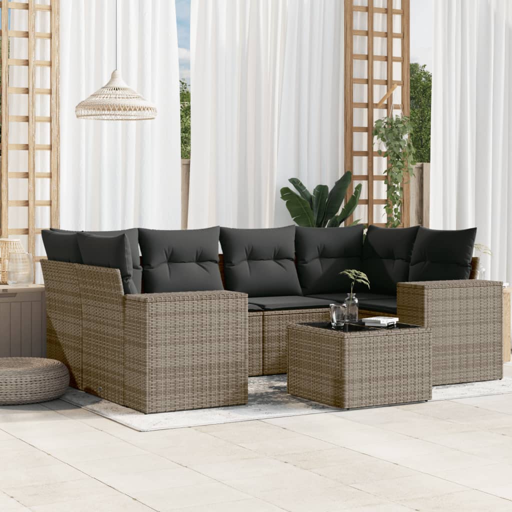 7-tlg. Garten-Sofagarnitur mit Kissen Grau Poly Rattan VIDAXL