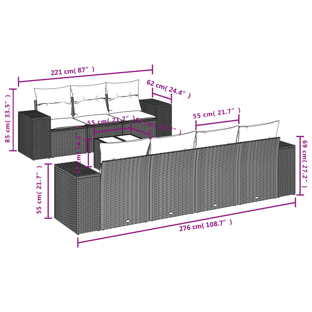 vidaXL 8-tlg. Garten-Sofagarnitur mit Kissen Hellgrau Poly Rattan