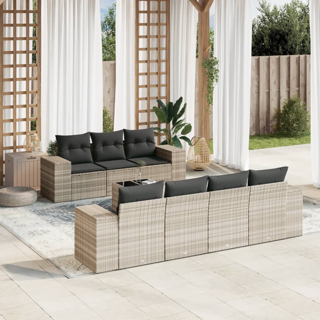 vidaXL 8-tlg. Garten-Sofagarnitur mit Kissen Hellgrau Poly Rattan