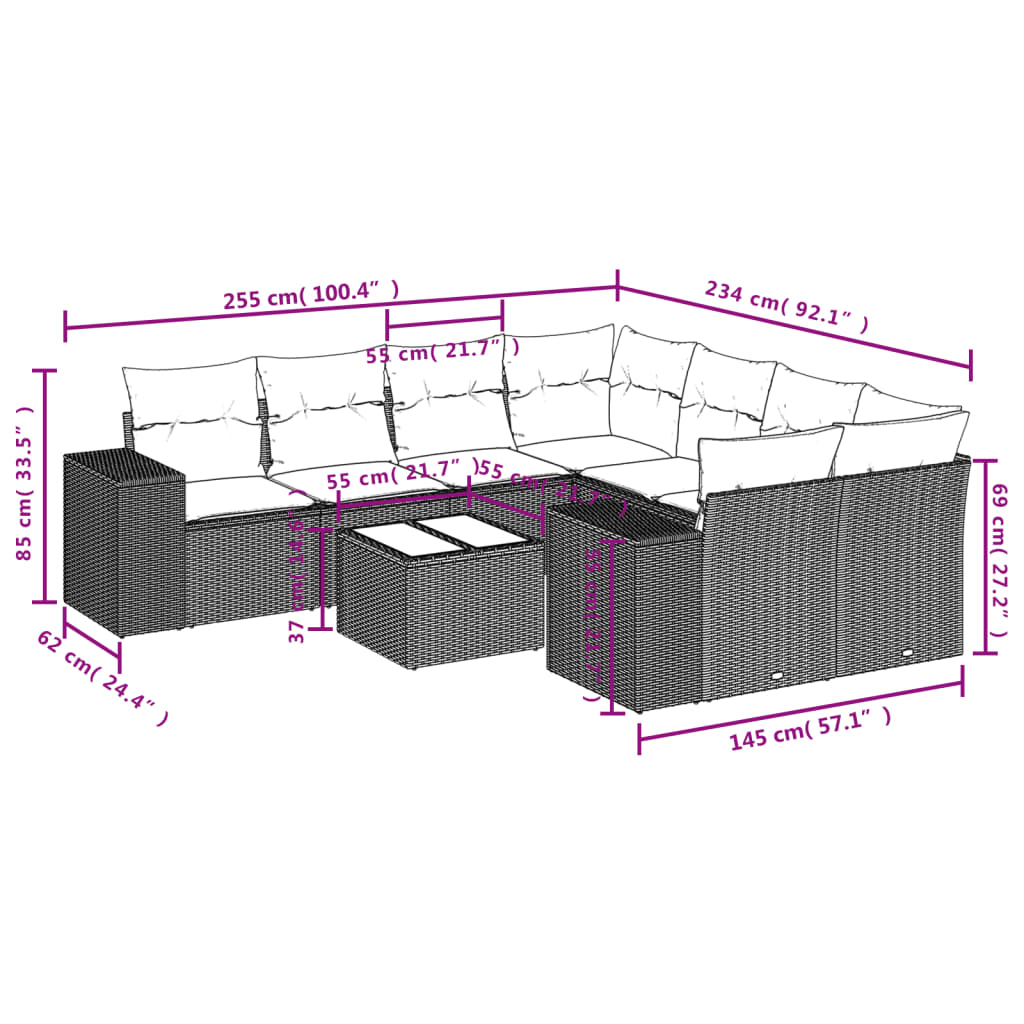 9-tlg. Garten-Sofagarnitur mit Kissen Grau Poly Rattan VIDAXL