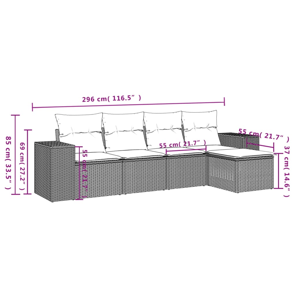 vidaXL 5-tlg. Garten-Sofagarnitur mit Kissen Schwarz Poly Rattan