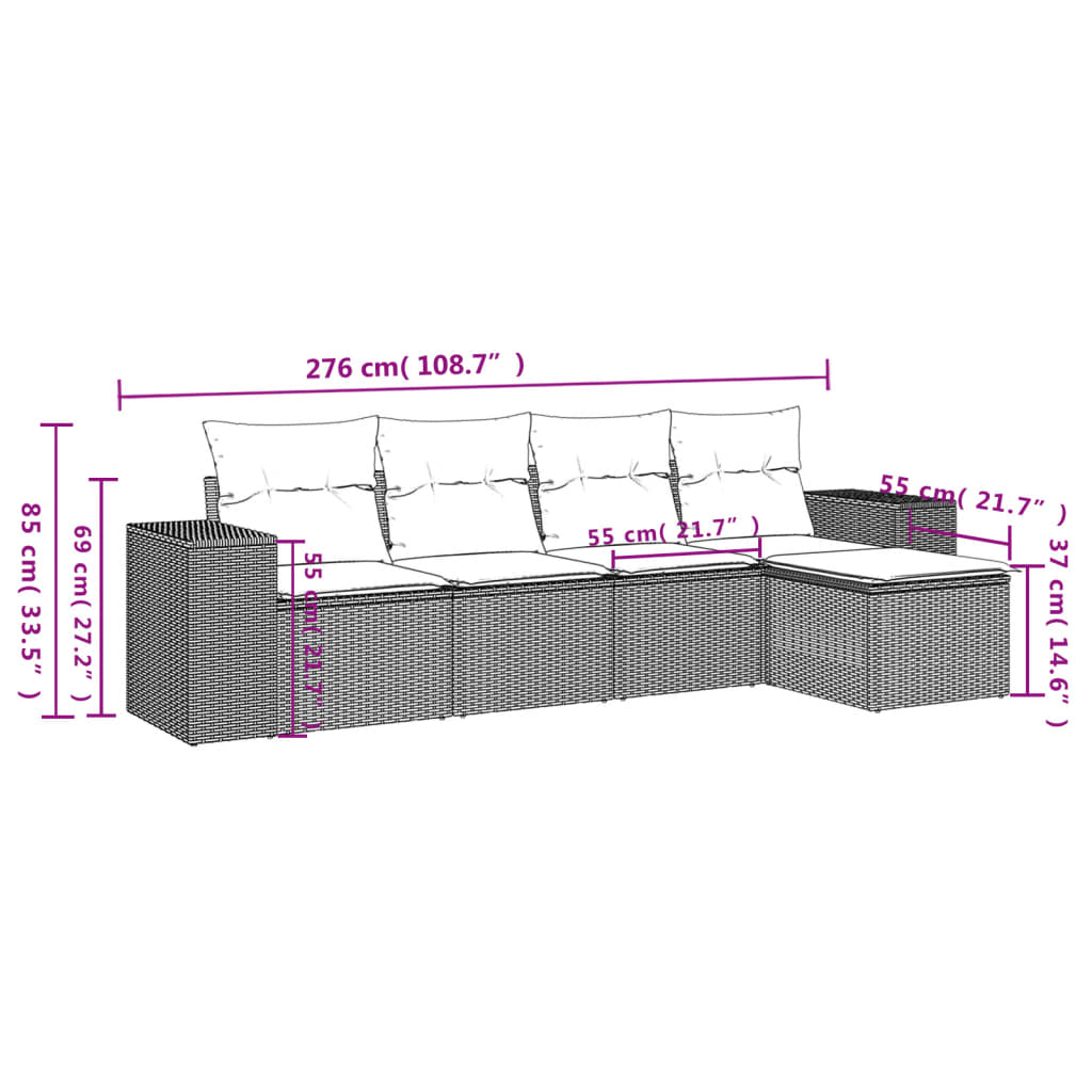 vidaXL 5-tlg. Garten-Sofagarnitur mit Kissen Hellgrau Poly Rattan