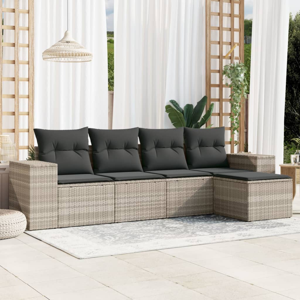 vidaXL 5-tlg. Garten-Sofagarnitur mit Kissen Hellgrau Poly Rattan