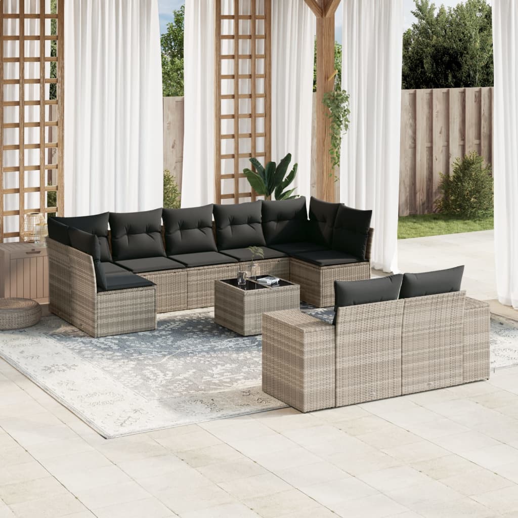 vidaXL 10-tlg. Garten-Sofagarnitur mit Kissen Hellgrau Poly Rattan