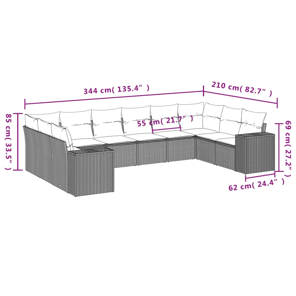 vidaXL 10-tlg. Garten-Sofagarnitur mit Kissen Grau Poly Rattan