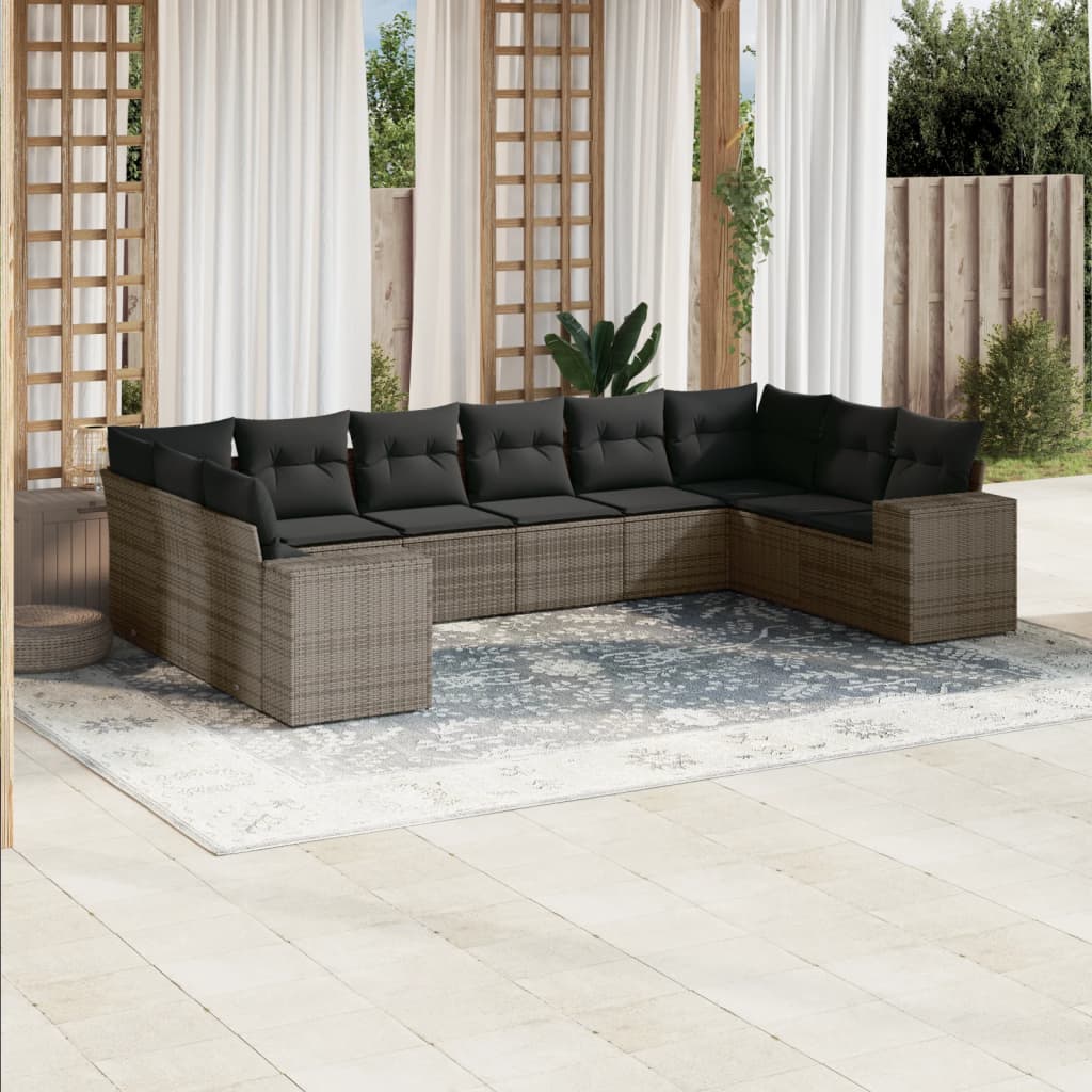 vidaXL 10-tlg. Garten-Sofagarnitur mit Kissen Grau Poly Rattan