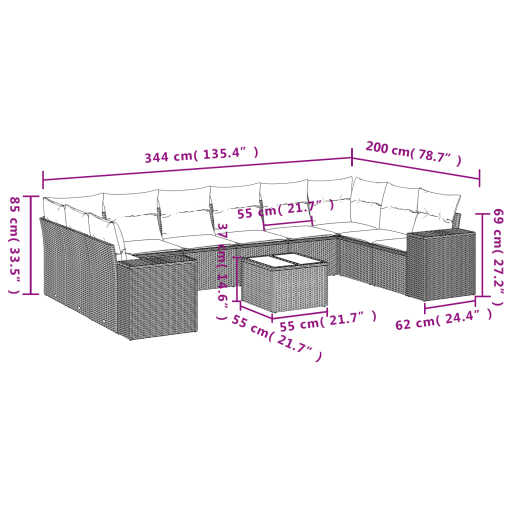 vidaXL 11-tlg. Garten-Sofagarnitur mit Kissen Hellgrau Poly Rattan