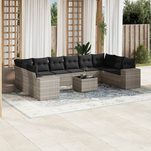 vidaXL 11-tlg. Garten-Sofagarnitur mit Kissen Hellgrau Poly Rattan