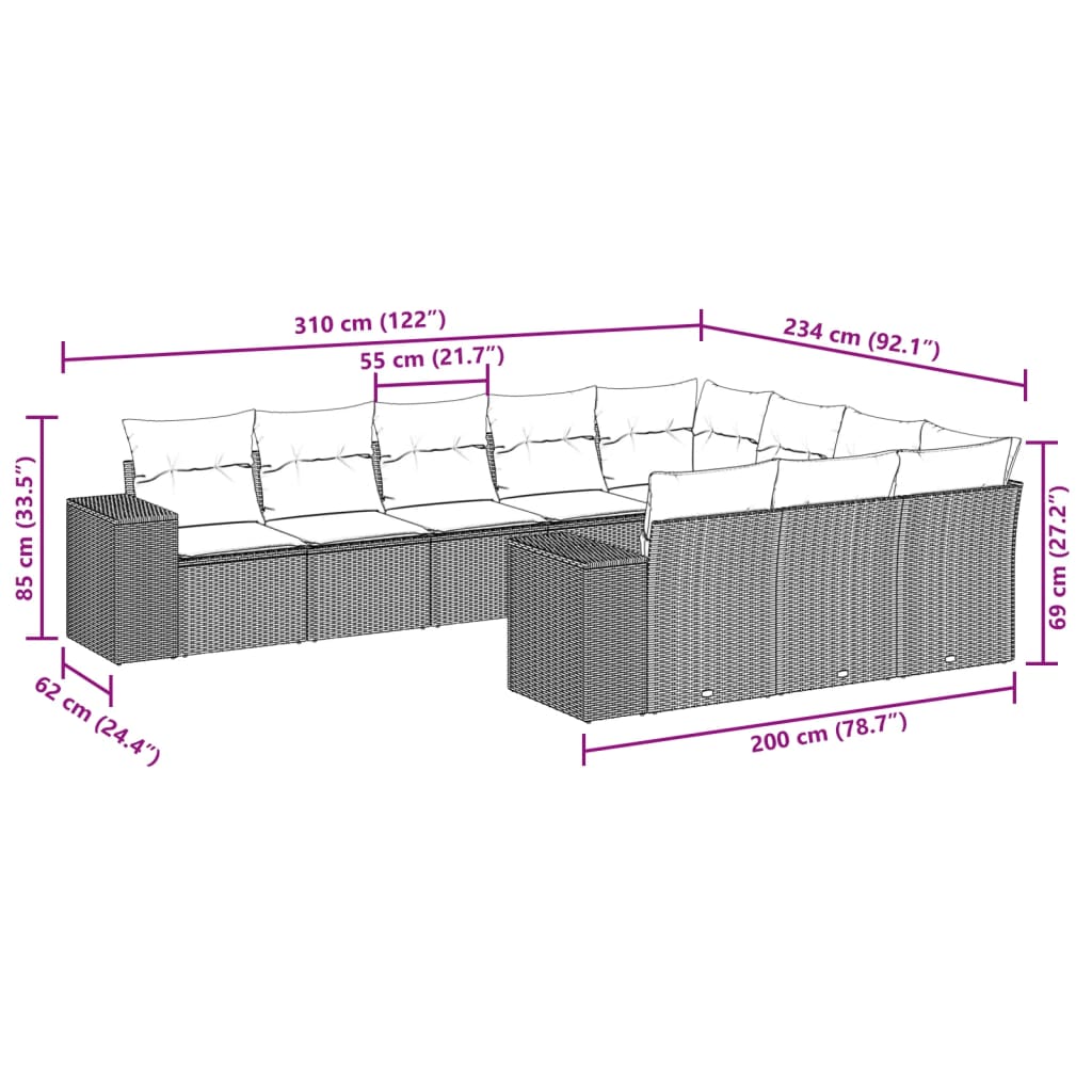 vidaXL 10-tlg. Garten-Sofagarnitur mit Kissen Hellgrau Poly Rattan