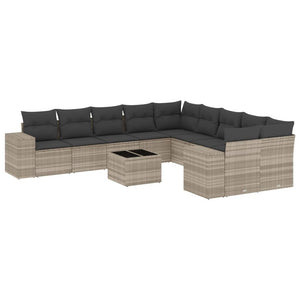 vidaXL 11-tlg. Garten-Sofagarnitur mit Kissen Hellgrau Poly Rattan