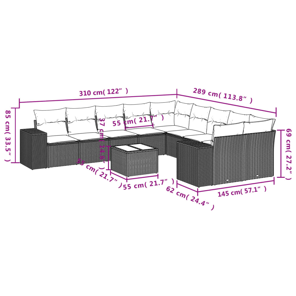 vidaXL 11-tlg. Garten-Sofagarnitur mit Kissen Hellgrau Poly Rattan