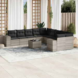 vidaXL 11-tlg. Garten-Sofagarnitur mit Kissen Hellgrau Poly Rattan