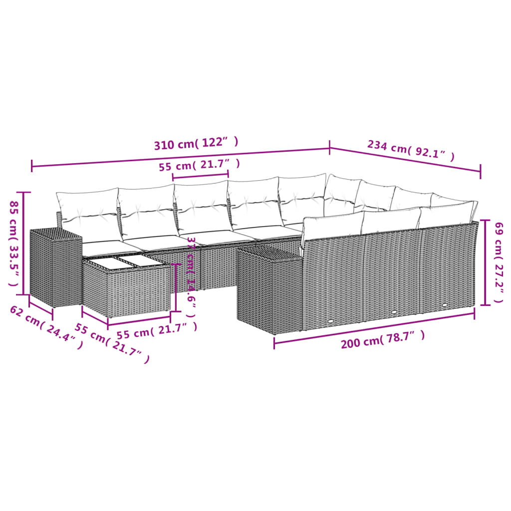 vidaXL 11-tlg. Garten-Sofagarnitur mit Kissen Hellgrau Poly Rattan