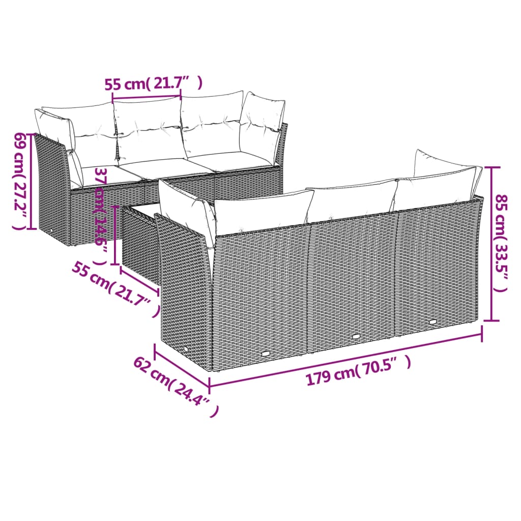 vidaXL 7-tlg. Garten-Sofagarnitur mit Kissen Hellgrau Poly Rattan