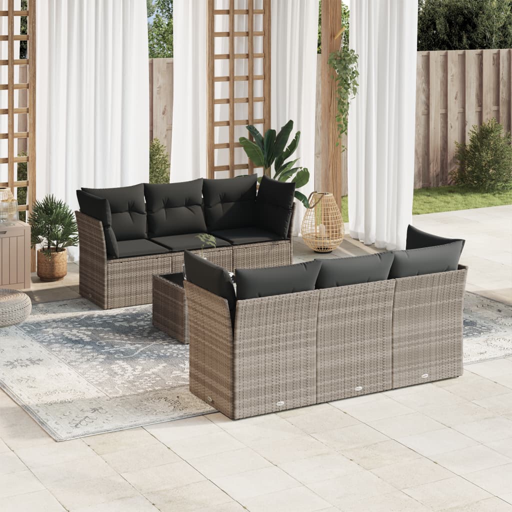 vidaXL 7-tlg. Garten-Sofagarnitur mit Kissen Hellgrau Poly Rattan