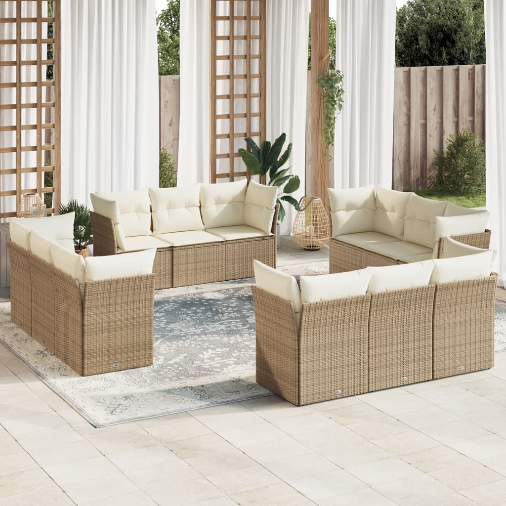 vidaXL 12-tlg. Garten-Sofagarnitur mit Kissen Beige Poly Rattan