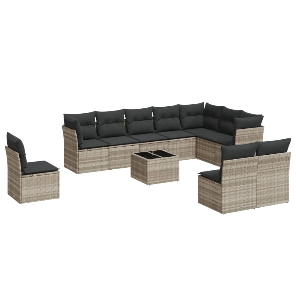 vidaXL 11-tlg. Garten-Sofagarnitur mit Kissen Hellgrau Poly Rattan