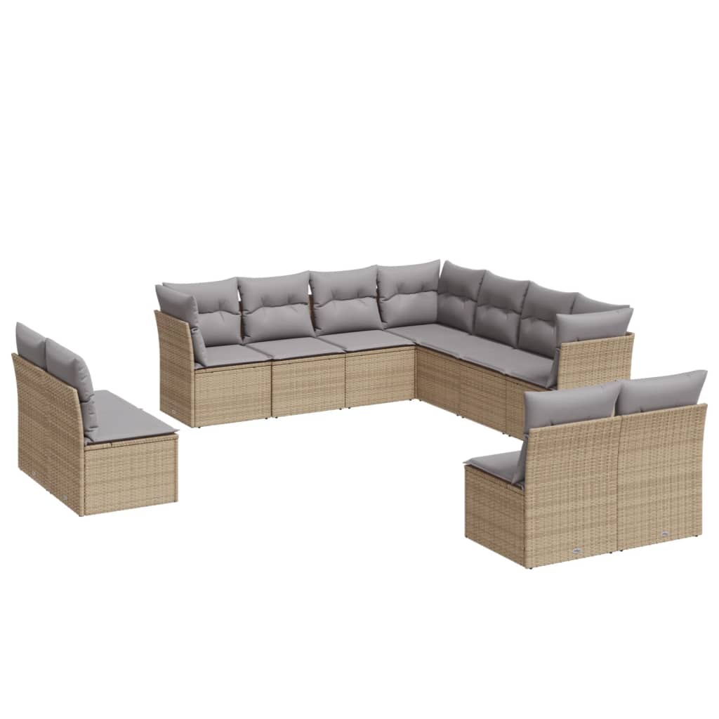 vidaXL 11-tlg. Garten-Sofagarnitur mit Kissen Beige Poly Rattan