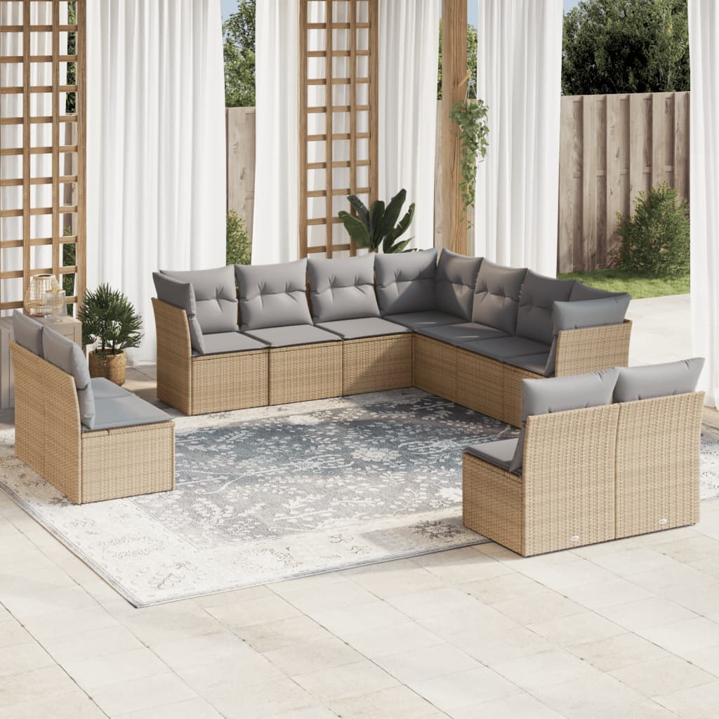 vidaXL 11-tlg. Garten-Sofagarnitur mit Kissen Beige Poly Rattan