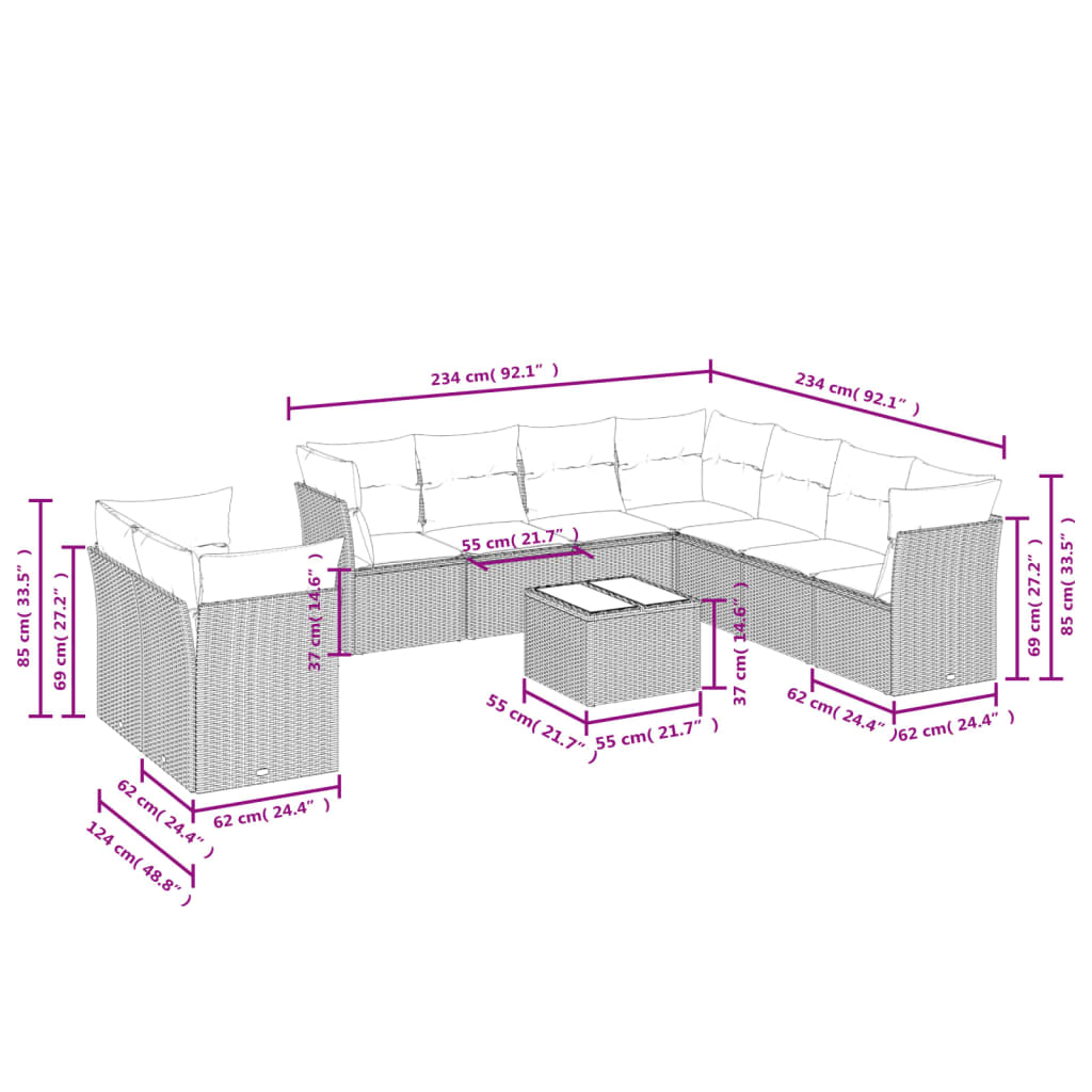 vidaXL 10-tlg. Garten-Sofagarnitur mit Kissen Hellgrau Poly Rattan