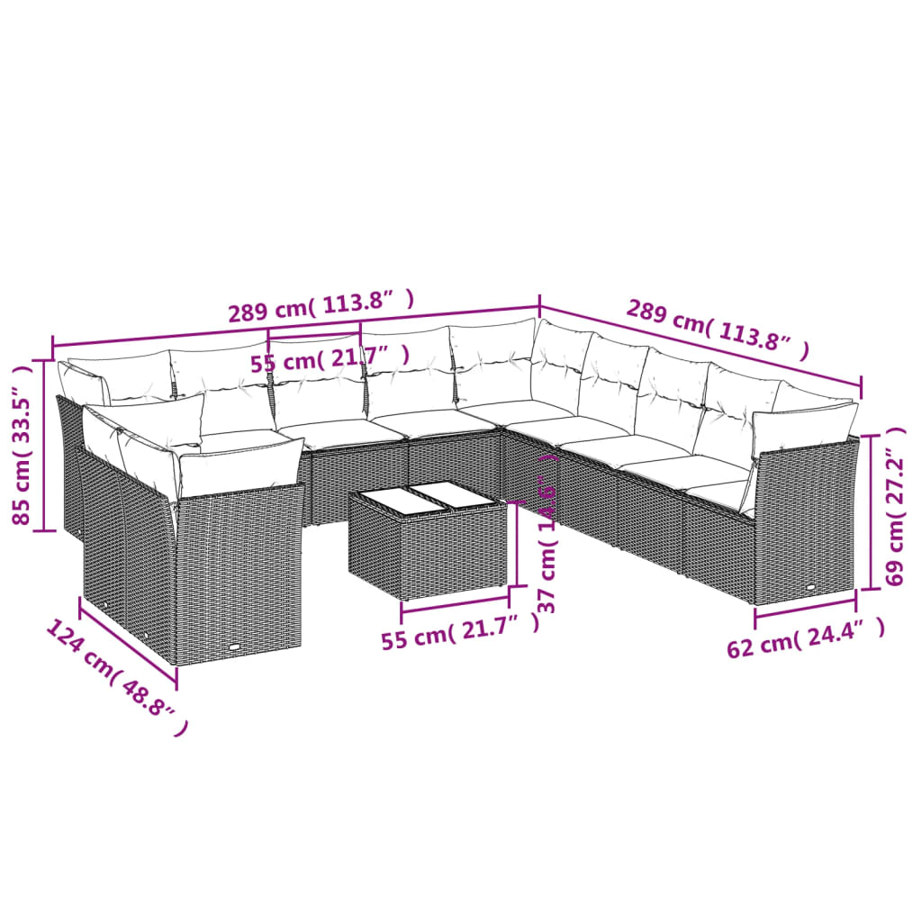 vidaXL 12-tlg. Garten-Sofagarnitur mit Kissen Hellgrau Poly Rattan