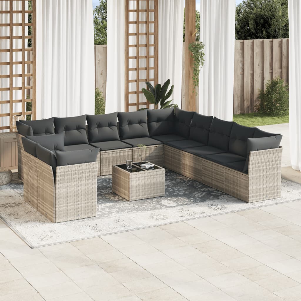 vidaXL 12-tlg. Garten-Sofagarnitur mit Kissen Hellgrau Poly Rattan