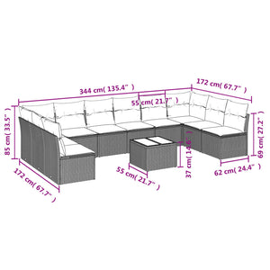 vidaXL 11-tlg. Garten-Sofagarnitur mit Kissen Hellgrau Poly Rattan