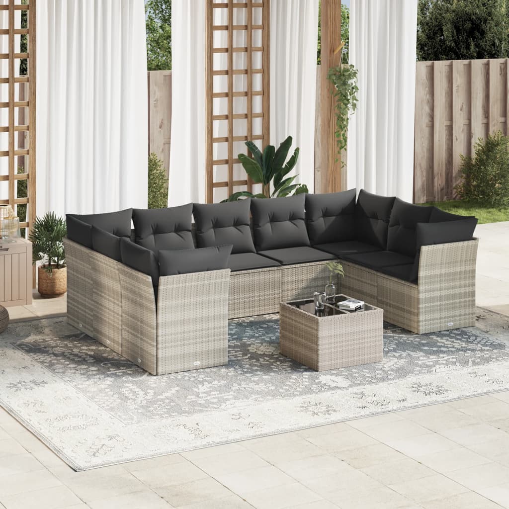 vidaXL 10-tlg. Garten-Sofagarnitur mit Kissen Hellgrau Poly Rattan