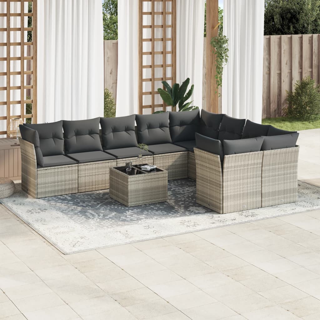 vidaXL 10-tlg. Garten-Sofagarnitur mit Kissen Hellgrau Poly Rattan