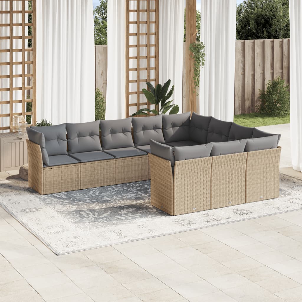 vidaXL 10-tlg. Garten-Sofagarnitur mit Kissen Beige Poly Rattan