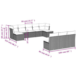 vidaXL 10-tlg. Garten-Sofagarnitur mit Kissen Schwarz Poly Rattan