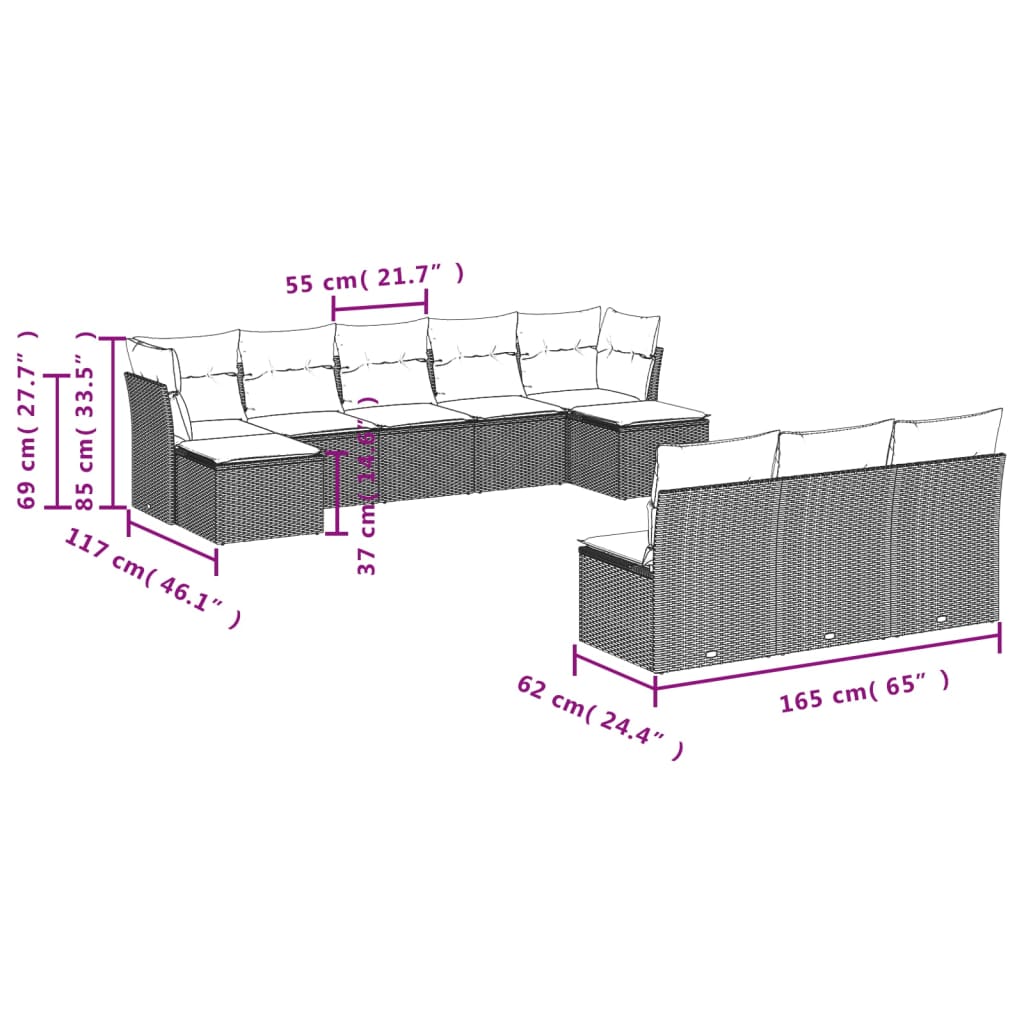 vidaXL 10-tlg. Garten-Sofagarnitur mit Kissen Hellgrau Poly Rattan