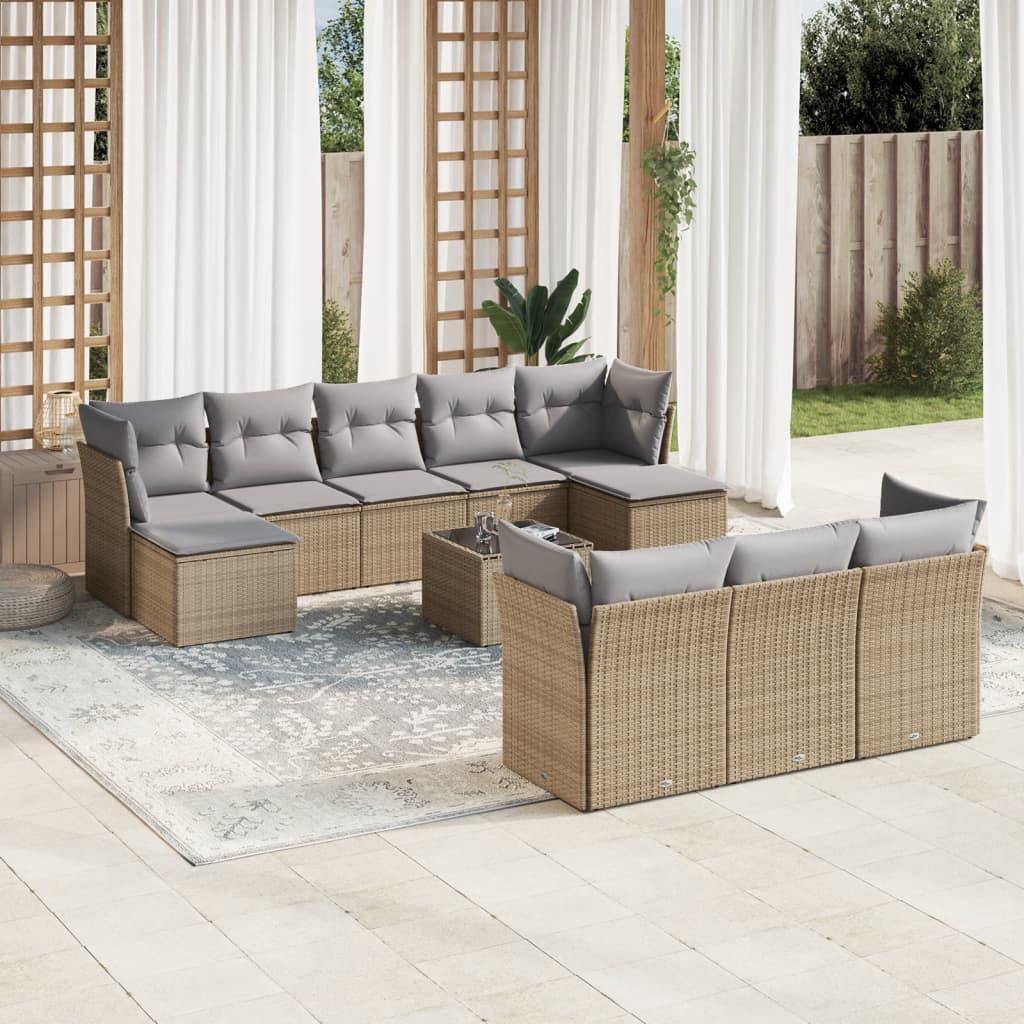 vidaXL 10-tlg. Garten-Sofagarnitur mit Kissen Beige Poly Rattan