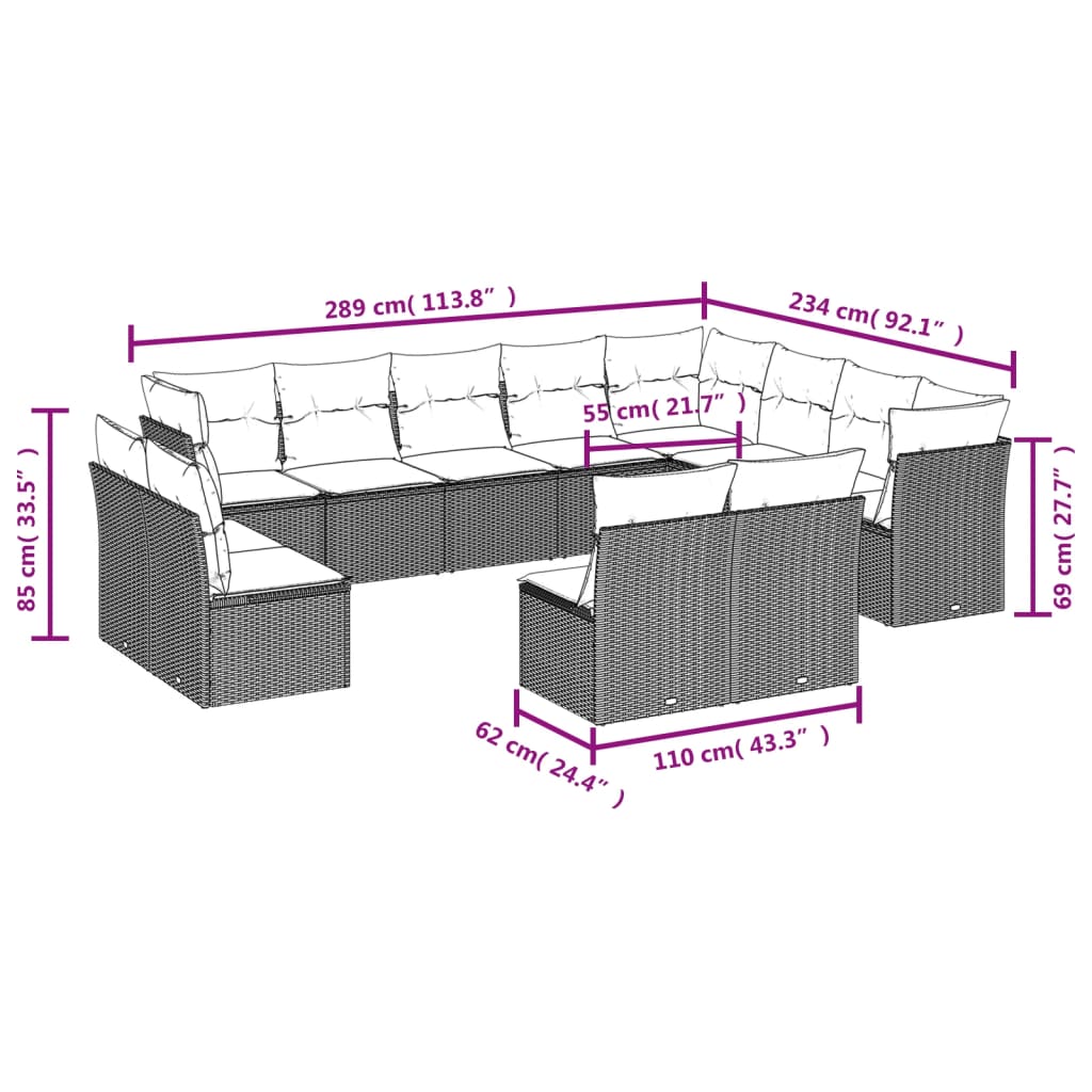 vidaXL 12-tlg. Garten-Sofagarnitur mit Kissen Schwarz Poly Rattan