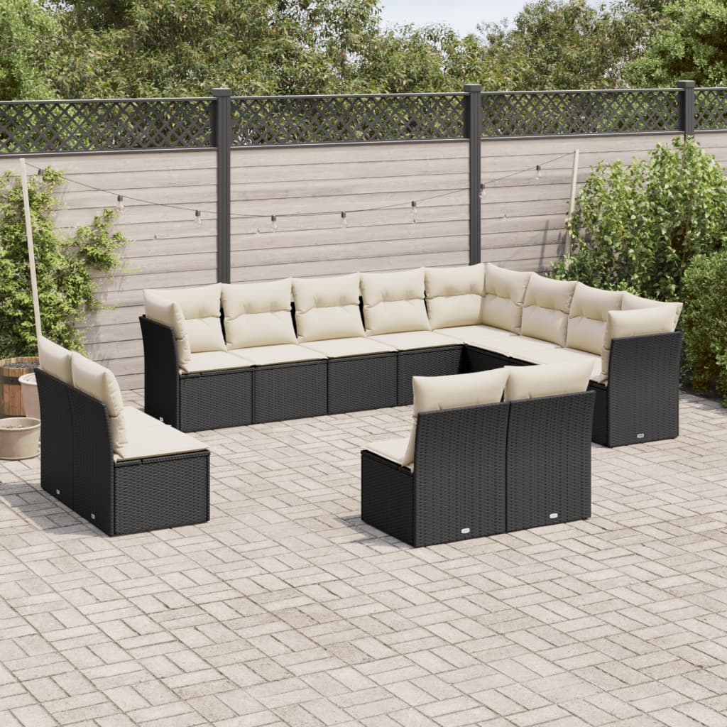 vidaXL 12-tlg. Garten-Sofagarnitur mit Kissen Schwarz Poly Rattan