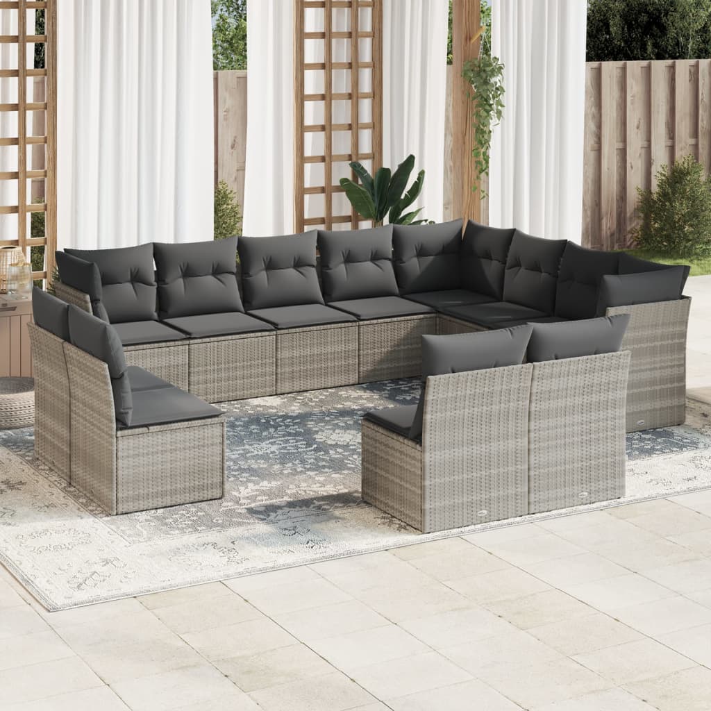 vidaXL 12-tlg. Garten-Sofagarnitur mit Kissen Hellgrau Poly Rattan