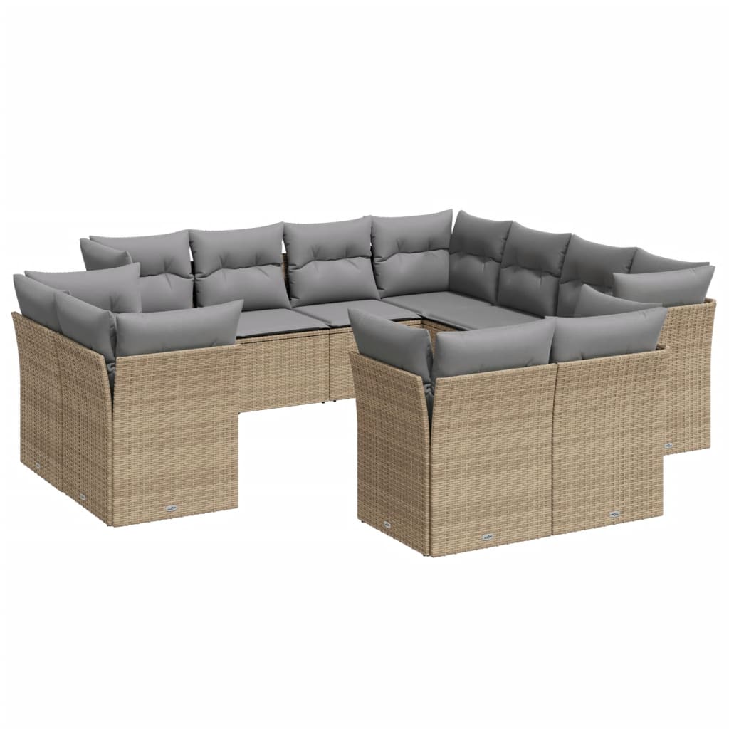 vidaXL 11-tlg. Garten-Sofagarnitur mit Kissen Beige Poly Rattan