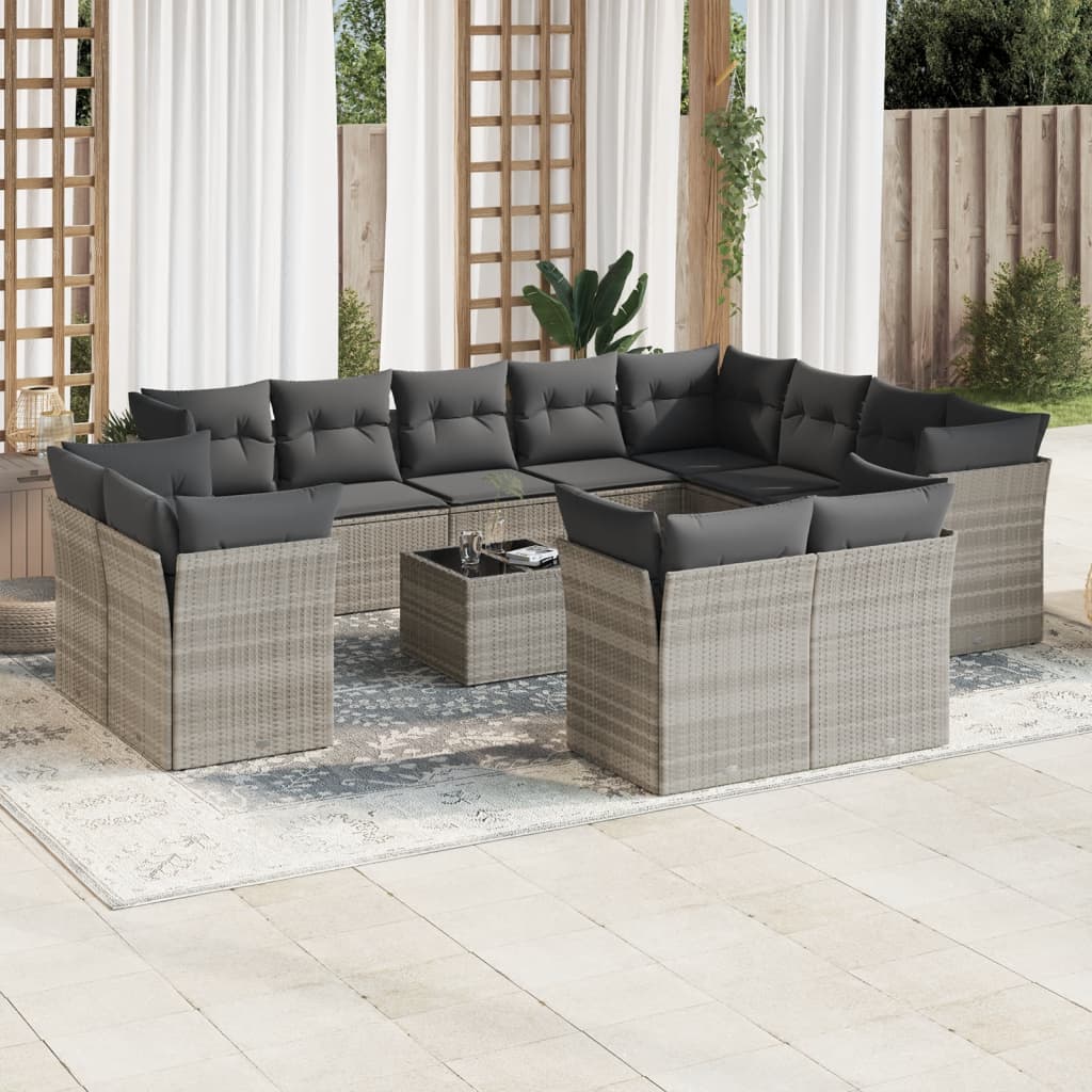 vidaXL 13-tlg. Garten-Sofagarnitur mit Kissen Hellgrau Poly Rattan