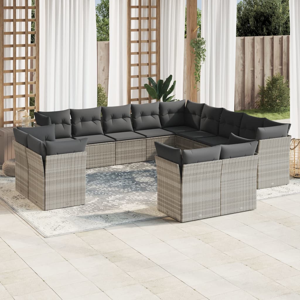 vidaXL 13-tlg. Garten-Sofagarnitur mit Kissen Hellgrau Poly Rattan