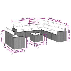 vidaXL 10-tlg. Garten-Sofagarnitur mit Kissen Hellgrau Poly Rattan