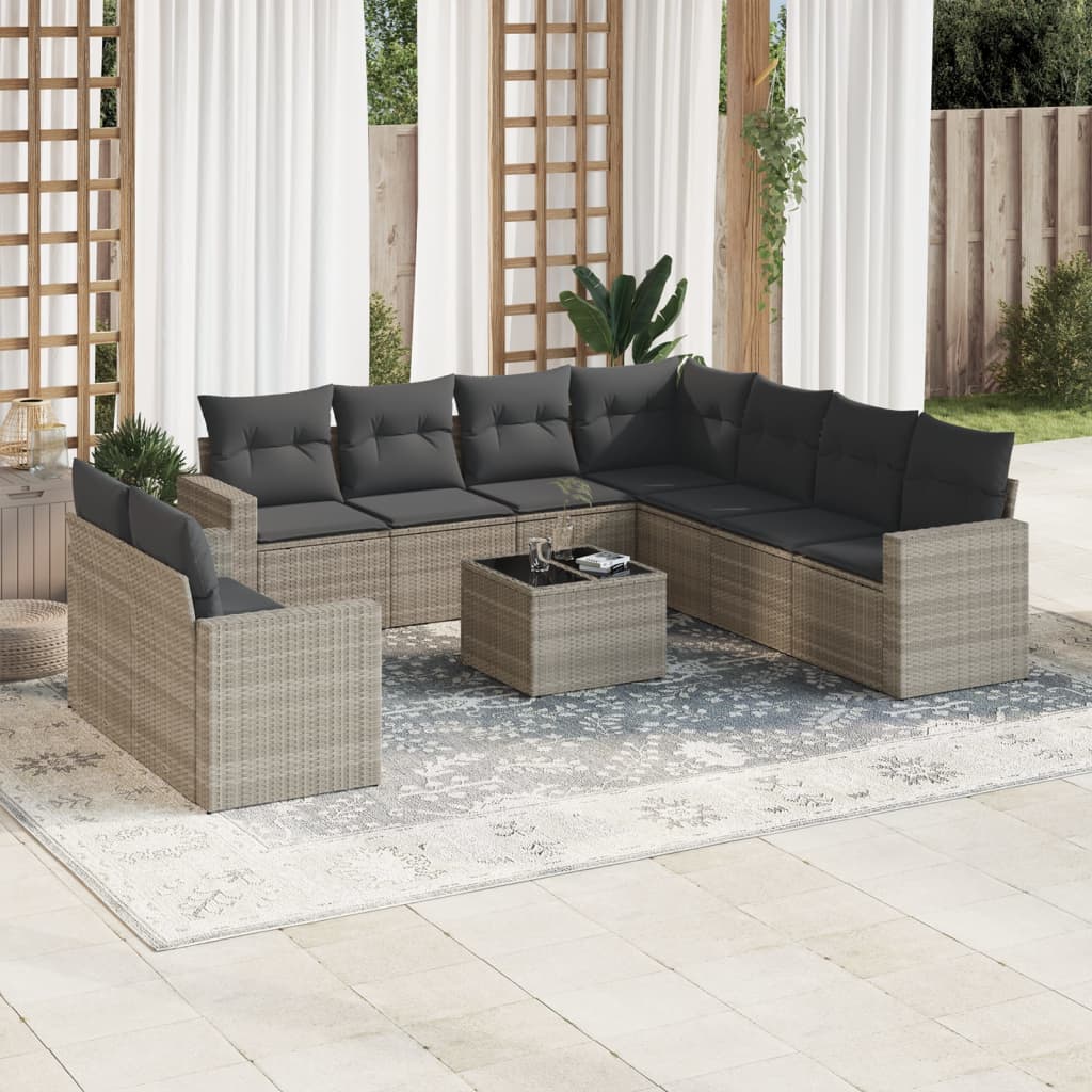 vidaXL 10-tlg. Garten-Sofagarnitur mit Kissen Hellgrau Poly Rattan