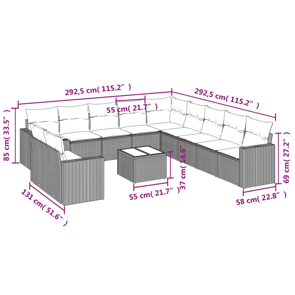 vidaXL 12-tlg. Garten-Sofagarnitur mit Kissen Hellgrau Poly Rattan