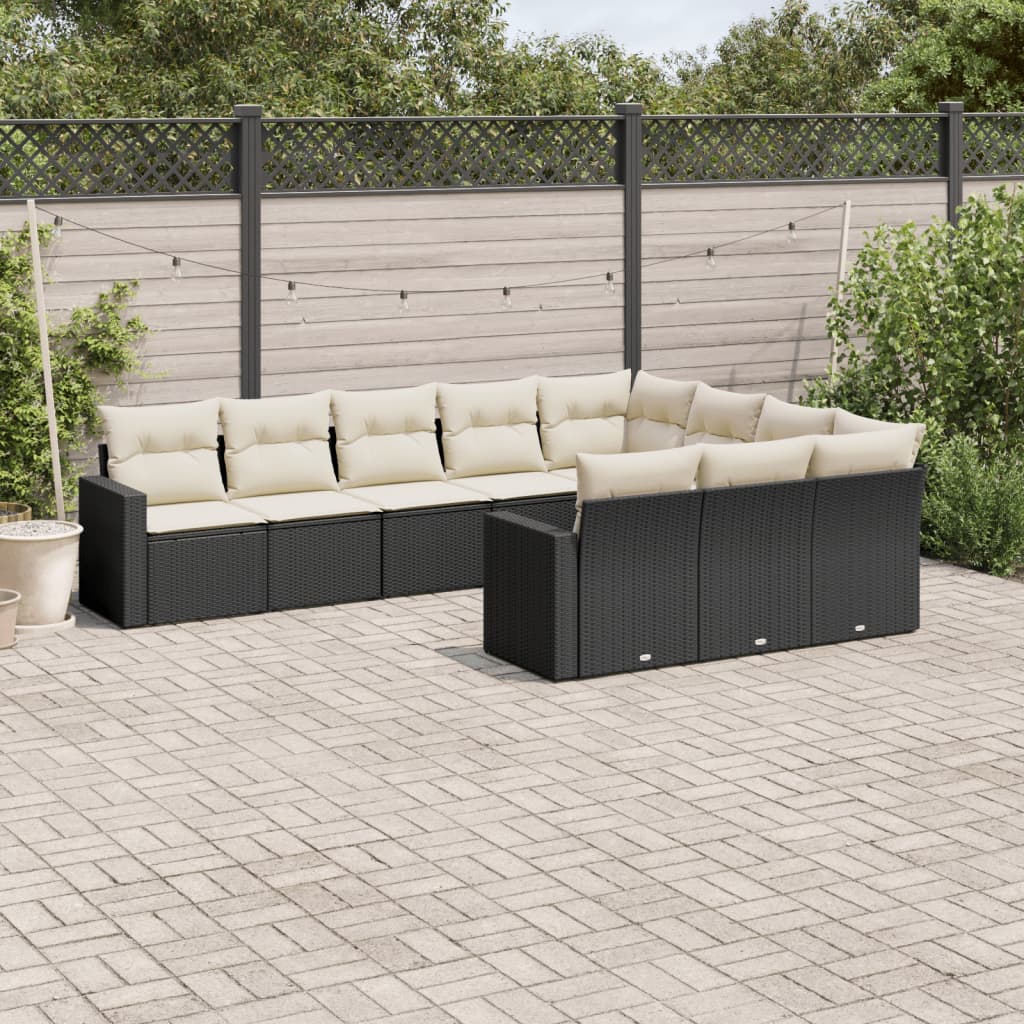 vidaXL 10-tlg. Garten-Sofagarnitur mit Kissen Schwarz Poly Rattan