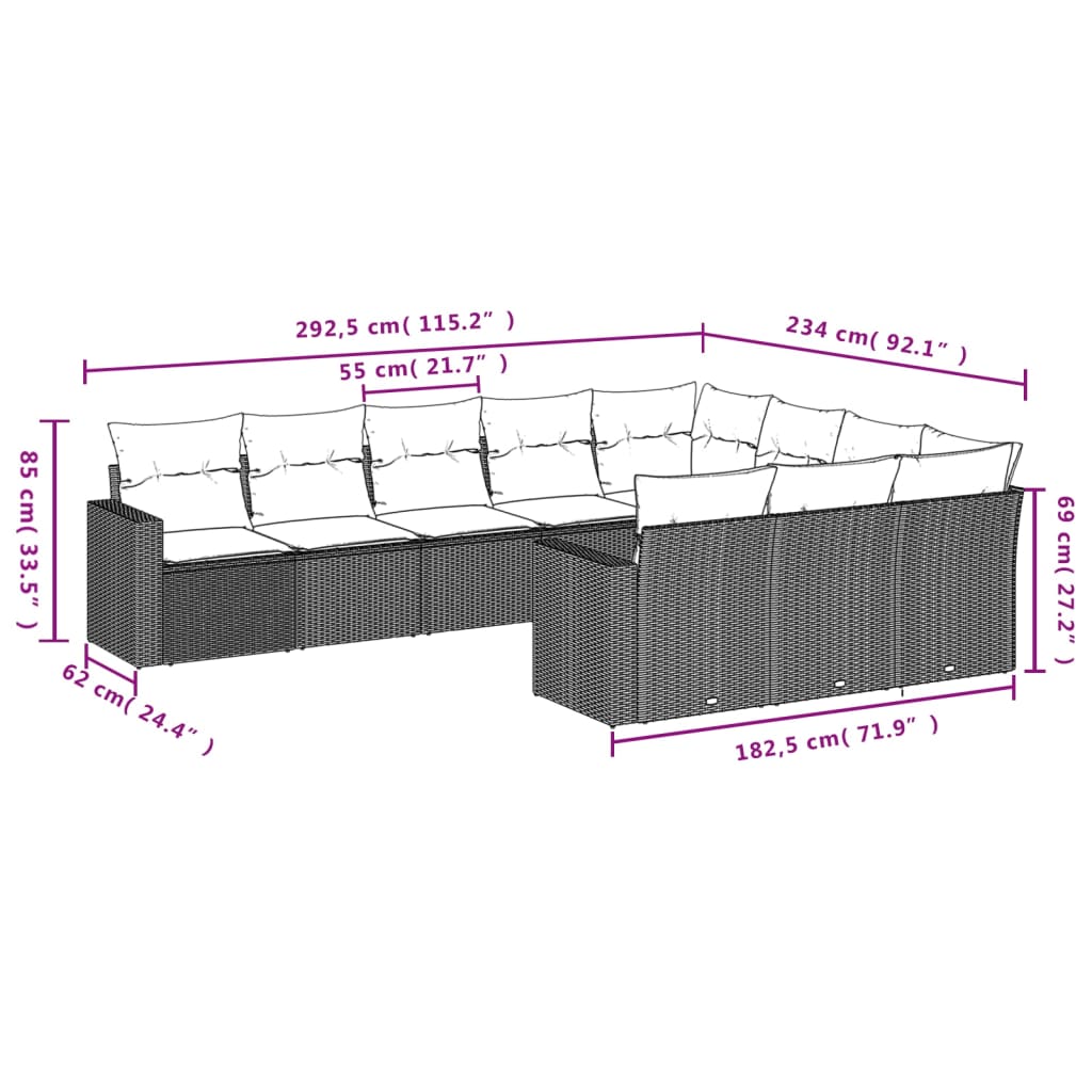 vidaXL 10-tlg. Garten-Sofagarnitur mit Kissen Braun Poly Rattan